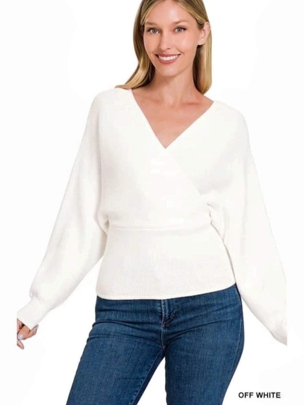 ZENANA Ribbed Wrap V-Neck Sweater in White Like New
